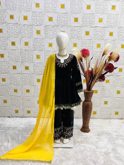 Kids Black &amp; Yellow Velvet Embroidery Salwar Suit - BONYHUBClothing