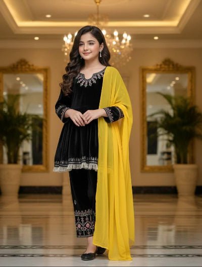 Kids Black & Yellow Velvet Embroidery Salwar Suit - BONYHUBClothing