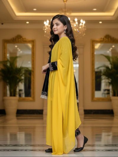 Kids Black &amp; Yellow Velvet Embroidery Salwar Suit - BONYHUBClothing