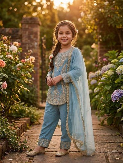 Kids Blue Embroidered Suit | 3 Piece Festive Trouser Outfit - BONYHUBLehangas