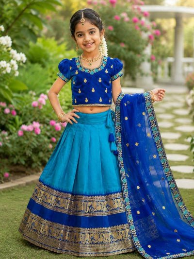 Kids Blue Lehenga Choli | Silk Embroidered Festive Outfit - BONYHUBLehangas