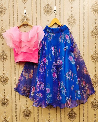 Kids Blue & Pink Organza Lehenga Blouse Set - BONYHUBLehangas