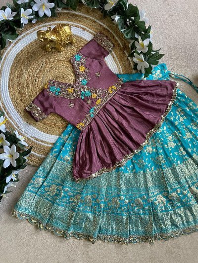 Kids Blue &amp; Purple Peplum Chinon Silk Lehenga Blouse Set - BONYHUBLehangas