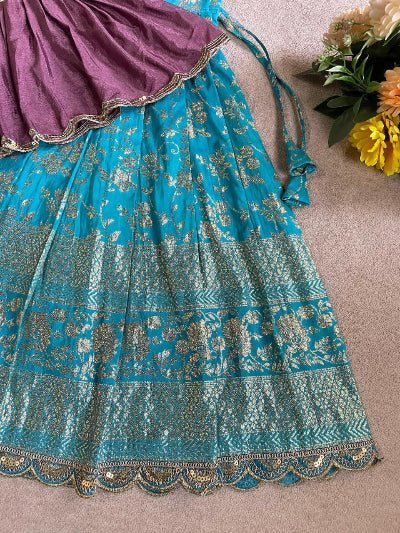 Kids Blue &amp; Purple Peplum Chinon Silk Lehenga Blouse Set - BONYHUBLehangas