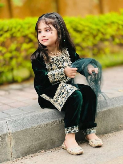 Kids Bottle Green Velvet Punjabi Suit - BONYHUBClothing