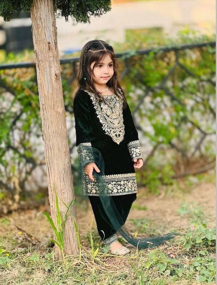 Kids Bottle Green Velvet Punjabi Suit - BONYHUBClothing