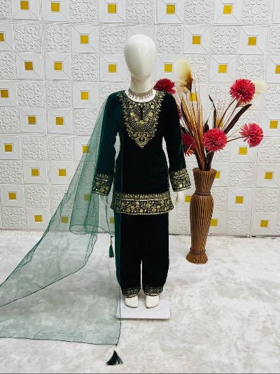 Kids Bottle Green Velvet Punjabi Suit - BONYHUBClothing