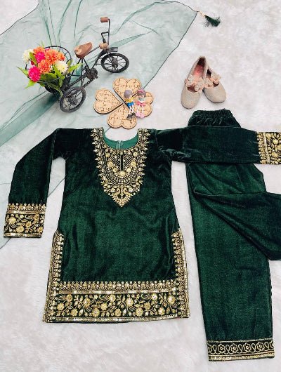 Kids Bottle Green Velvet Punjabi Suit - BONYHUBClothing