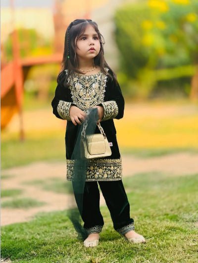 Kids Bottle Green Velvet Punjabi Suit - BONYHUBClothing