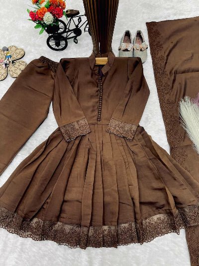Kids Brown Lace Suit | 3 Piece Festive A-Line Outfit - BONYHUBLehangas