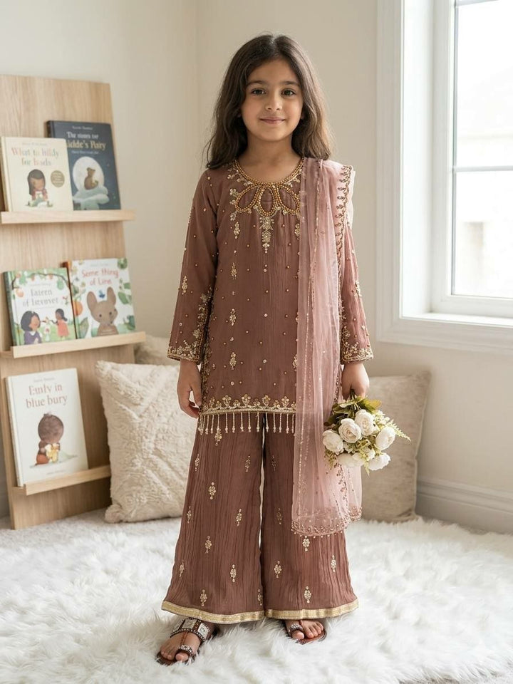 Kids Brown Sequin Suit | 3 Piece Embroidered Festive Outfit - BONYHUBLehangas
