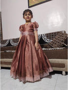Kids Brown Silk Embroidered Gown with Swarovski Work - BONYHUB