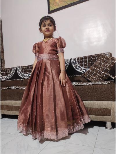 Kids Brown Silk Embroidered Gown with Swarovski Work - BONYHUB