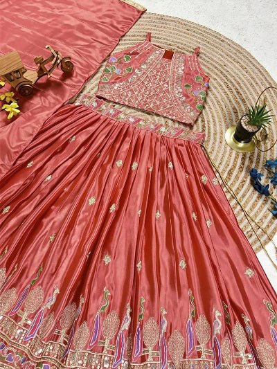 Kids Coral Pink Lehenga Choli | Mirror Work Festive Outfit - BONYHUBLehangas