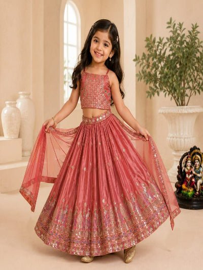 Kids Coral Pink Lehenga Choli | Mirror Work Festive Outfit - BONYHUBLehangas