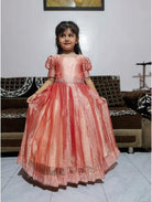 Kids Coral Silk Embroidered Gown with Swarovski Work - BONYHUB