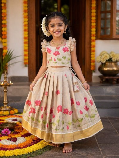 Kids Cream Lotus Print Lehenga Choli | Festive Indian Outfit - BONYHUBLehangas