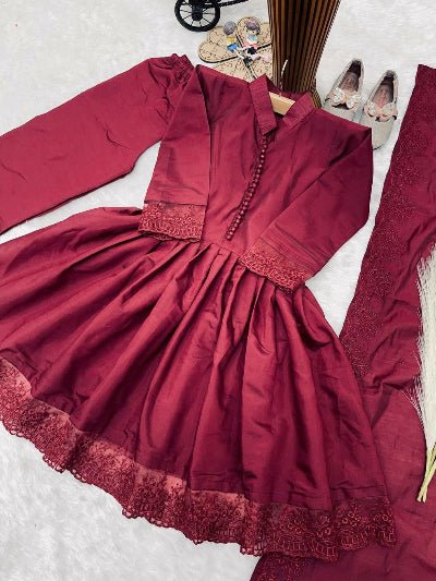 Kids Dark Red Lace Suit | 3 Piece Festive A-Line Outfit - BONYHUBLehangas