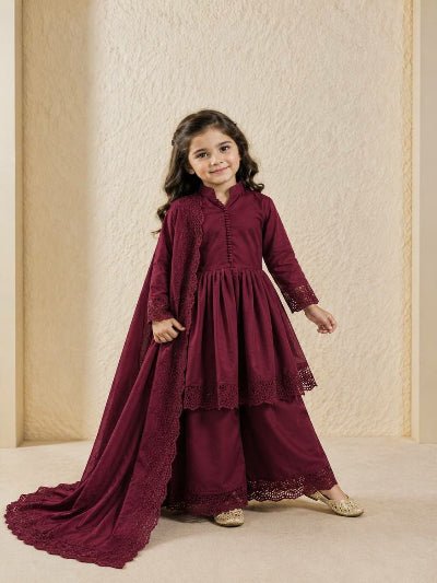 Kids Dark Red Lace Suit | 3 Piece Festive A-Line Outfit - BONYHUBLehangas
