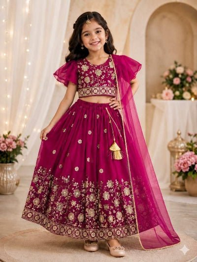 Kids Deep Pink Lehenga Choli | Gold Floral Embroidered Festive Outfit - BONYHUBLehangas