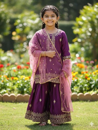 Kids Deep Purple Chinon Silk Sharara Suit - BONYHUBClothing