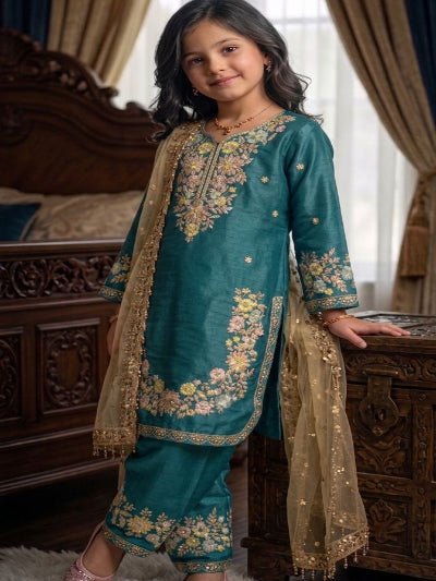 Kids Emerald Teal Silk Embroidery Work Suit Set - BONYHUBClothing