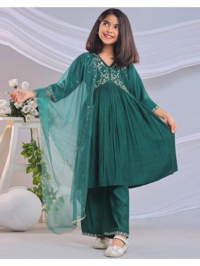 Kids Green Embroidered Salwar Suit with Organza Dupatta - BONYHUBClothing