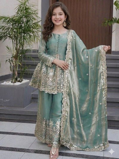 Kids Green Embroidered Suit | 3 Piece Peplum Palazzo Festive Outfit - BONYHUBLehangas
