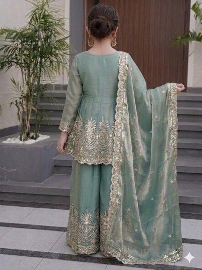 Kids Green Embroidered Suit | 3 Piece Peplum Palazzo Festive Outfit - BONYHUBLehangas