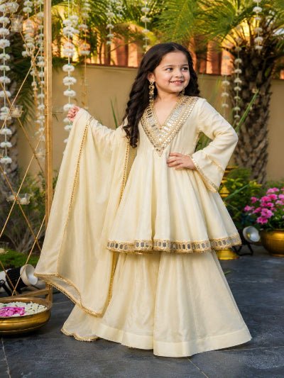 Kids Green Ivory Cream Sharara Suit Traditional Festive Outfit - BONYHUBLehangas