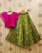 Kids Green & Pink Organza Lehenga Blouse Set UK Next Day - BONYHUBLehangas