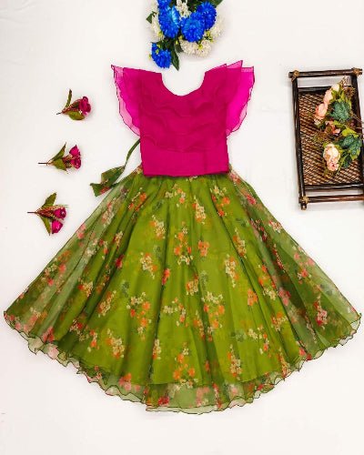 Kids Green & Pink Organza Lehenga Blouse Set UK Next Day - BONYHUBLehangas