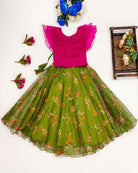 Kids Green & Pink Organza Lehenga Blouse Set UK Next Day - BONYHUBLehangas