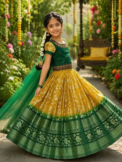 Kids Green Yellow Banarasi Lehenga Choli | Festive Indian Outfit - BONYHUBLehangas