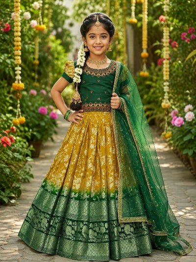 Kids Green Yellow Banarasi Lehenga Choli | Festive Indian Outfit - BONYHUBLehangas