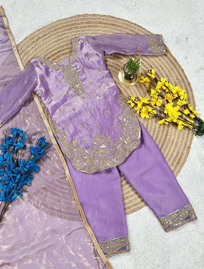 Kids Lavender Embroidery Work Salwar Suit - BONYHUBClothing