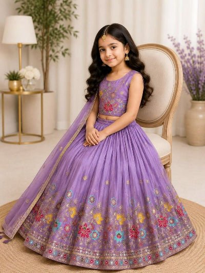 Kids Lavender Lehenga Choli | Silk Embroidered Festive Outfit - BONYHUBLehangas