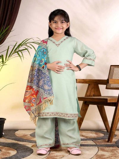 Kids Light Green Kurta Suit | 3 Piece Festive Trouser Outfit - BONYHUBLehangas