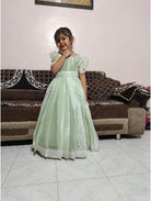 Kids Light Green Silk Embroidered Gown with Swarovski Work - BONYHUB