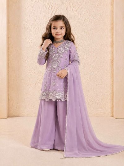 Kids Lilac Embroidered Sharara Suit | 3 Piece Festive Outfit - BONYHUBLehangas