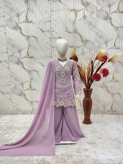 Kids Lilac Embroidered Sharara Suit | 3 Piece Festive Outfit - BONYHUBLehangas