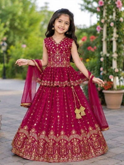 Kids Magenta Pink Georgette Peplum Embroidered Lehenga Set - BONYHUBLehangas