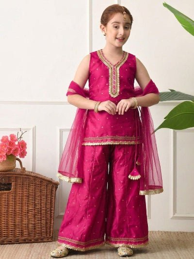 Kids Magenta Sharara Suit | 3 Piece Embroidered Festive Outfit - BONYHUBLehangas