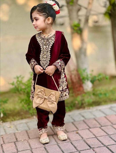 Kids Maroon Velvet Embroidery Salwar Suit UK Next Day - BONYHUBClothing