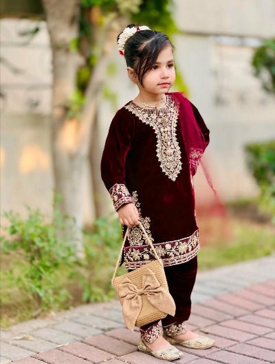 Kids Maroon Velvet Embroidery Salwar Suit UK Next Day - BONYHUBClothing