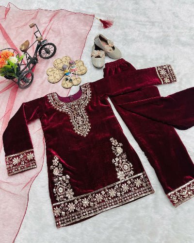 Kids Maroon Velvet Embroidery Salwar Suit UK Next Day - BONYHUBClothing