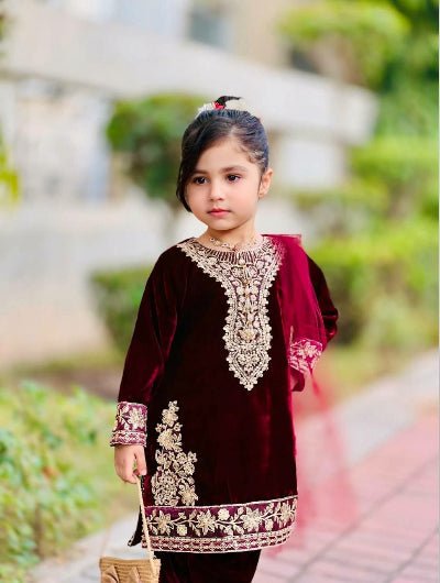 Kids Maroon Velvet Embroidery Salwar Suit UK Next Day - BONYHUBClothing