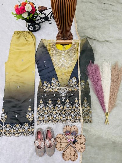 Kids Olive Ombre Embroidered Suit | 3 Piece Festive Outfit - BONYHUBLehangas