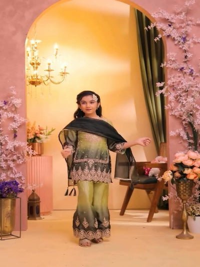 Kids Olive Ombre Embroidered Suit | 3 Piece Festive Outfit - BONYHUBLehangas