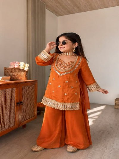 Kids Orange Mirror Work Suit | 3 Piece Embroidered Festive Outfit - BONYHUBLehangas